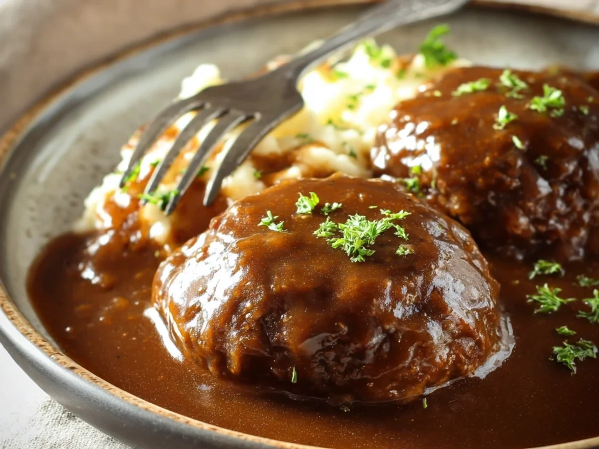 Classic Salisbury Steak: Tender Beef, Mushroom Gravy - Image 1
