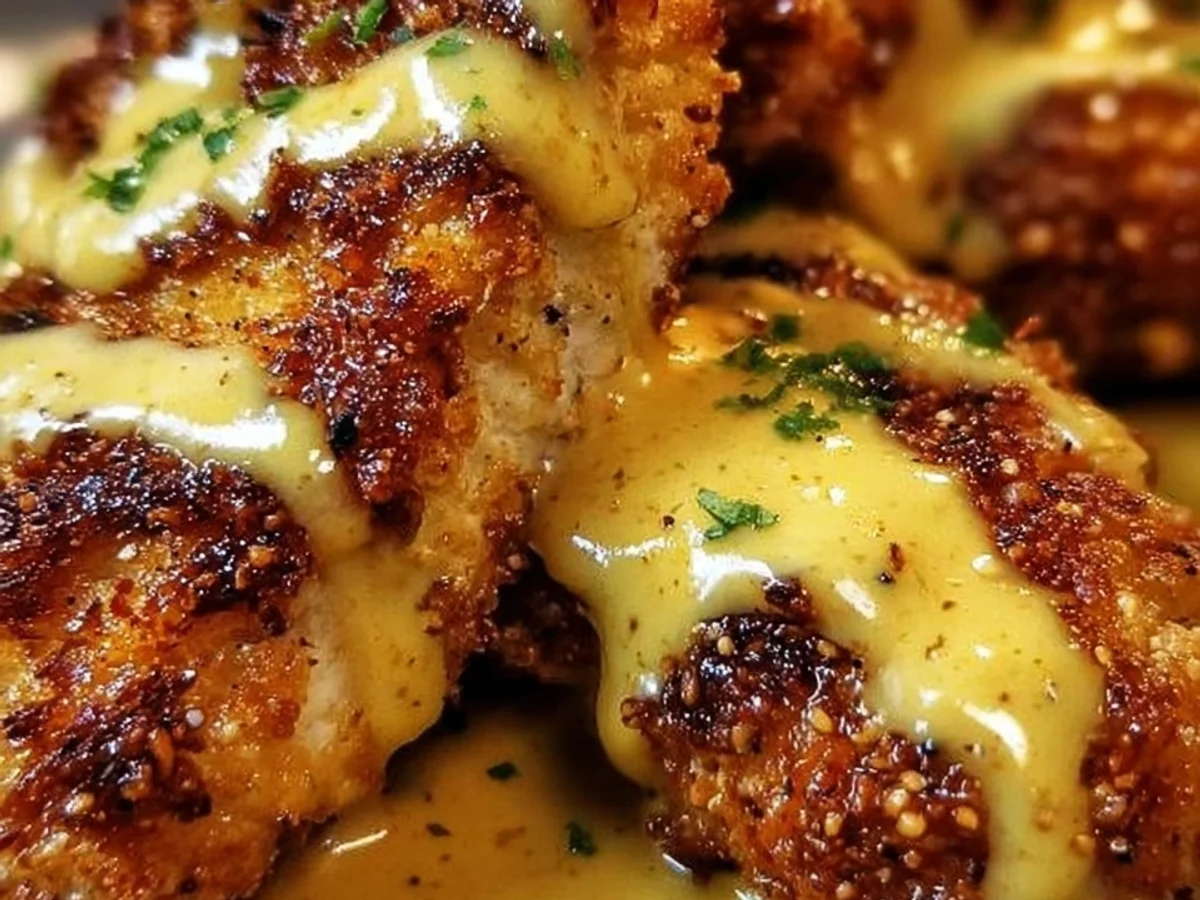 Crispy Pretzel Chicken with Tangy Mustard-Cheddar Sauce - Image 1
