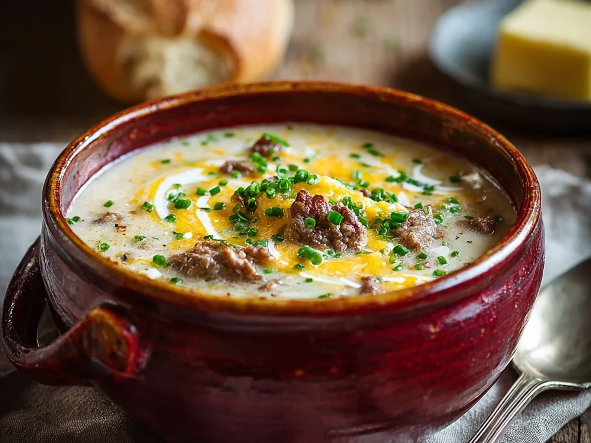 Hearty Cheesy Beef and Potato Soup for a Warm Evening - Image 1