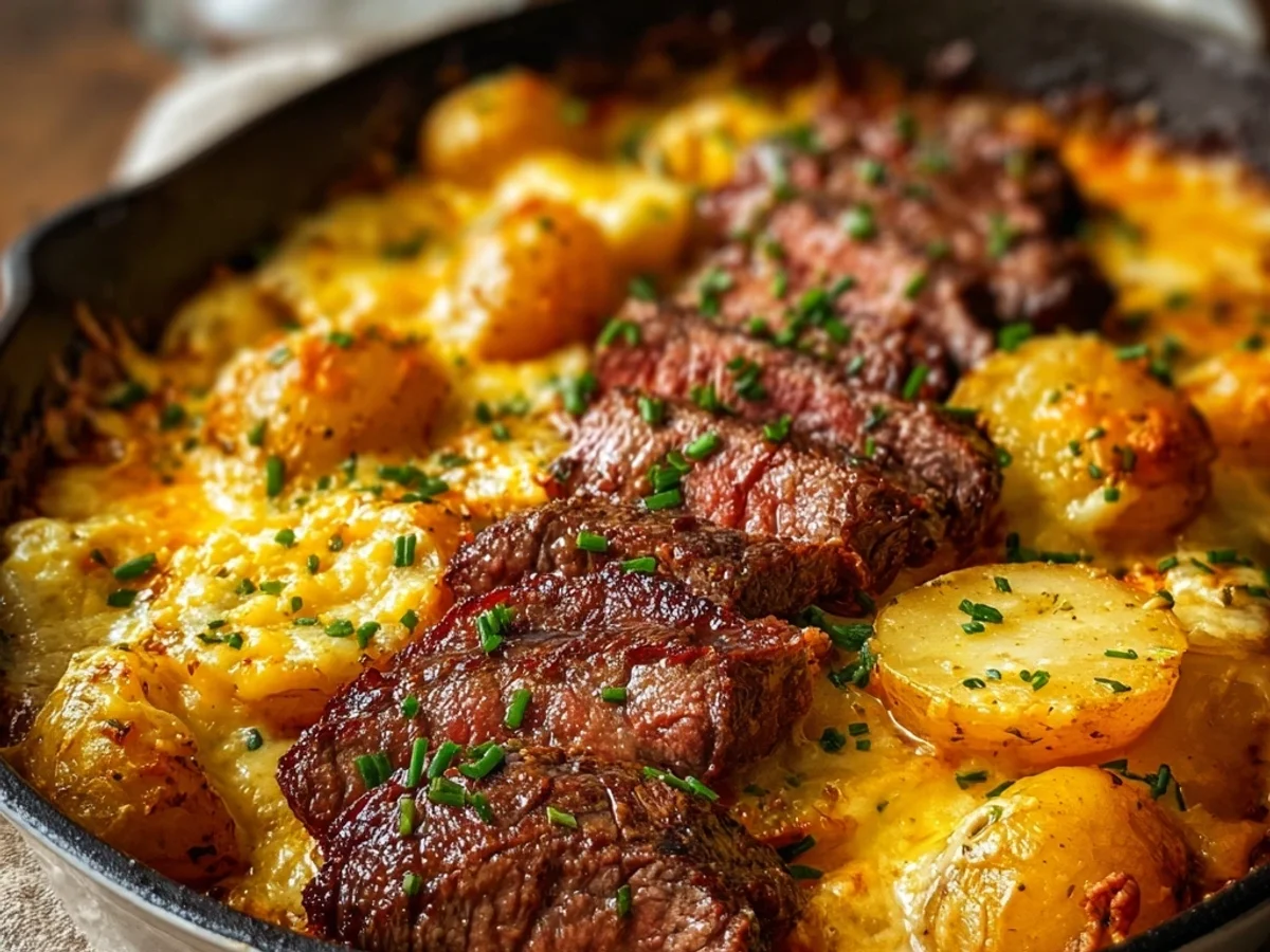 Hearty Garlic Butter Steak Cheddar Potato Bake - Image 1