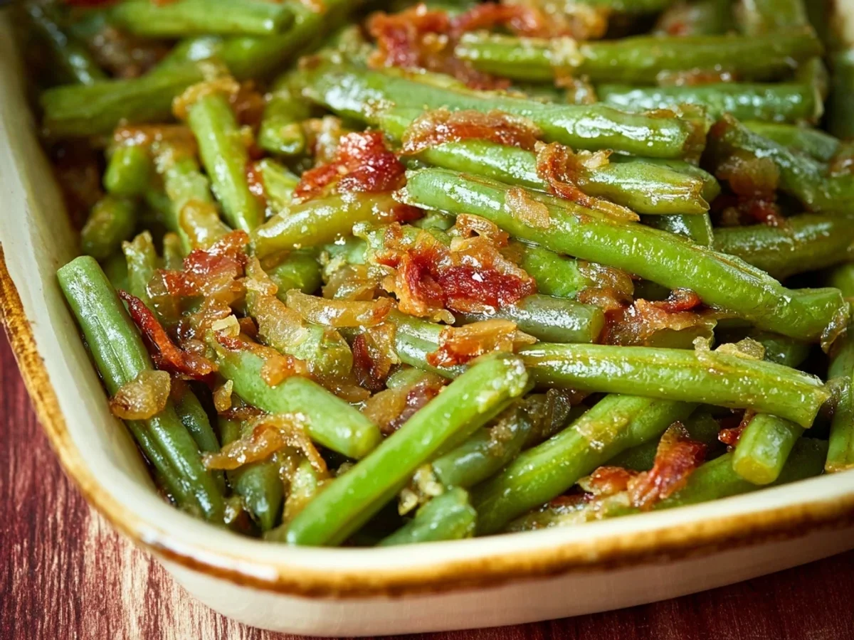 Homestyle Smothered Green Beans Recipe with Bacon - Image 1