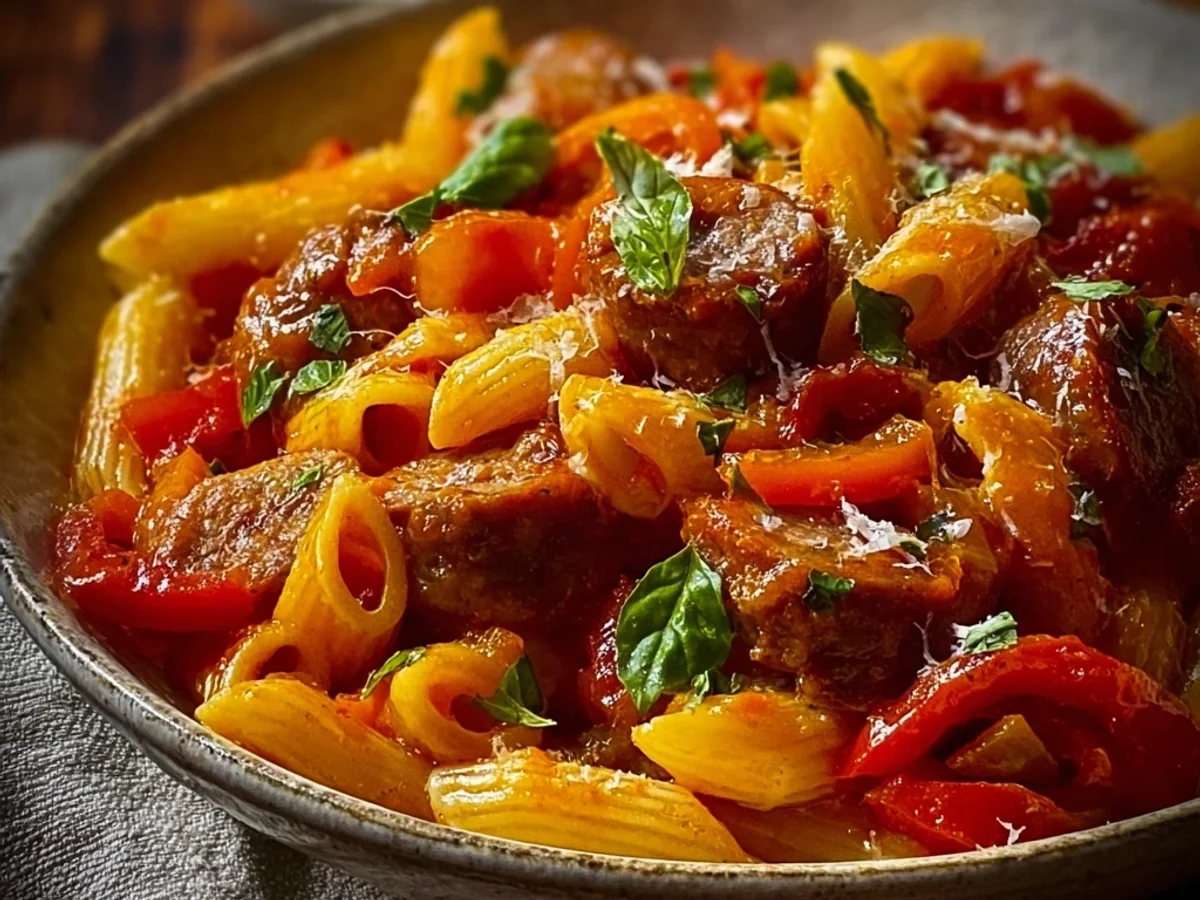 Rustic Sweet Pepper Beef Sausage Pasta Skillet - Image 1