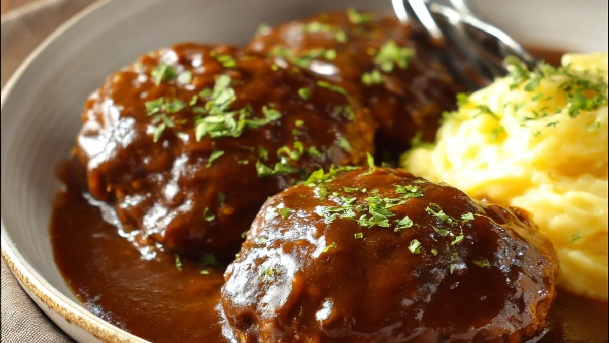 Classic Salisbury Steak: Tender Beef, Mushroom Gravy