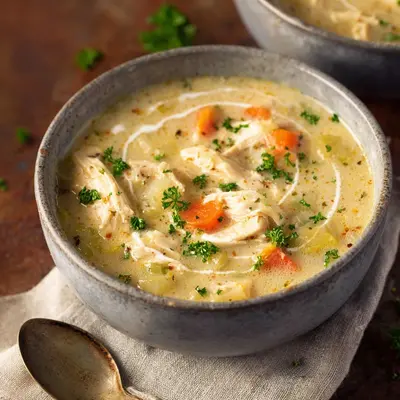Creamy Healthy Chicken Pot Pie Soup, Lighter Style