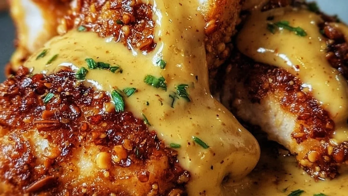 Crispy Pretzel Chicken with Tangy Mustard-Cheddar Sauce