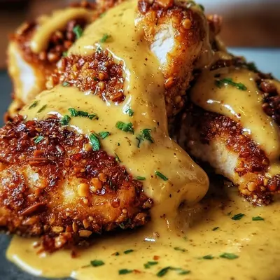 Crispy Pretzel Chicken with Tangy Mustard-Cheddar Sauce