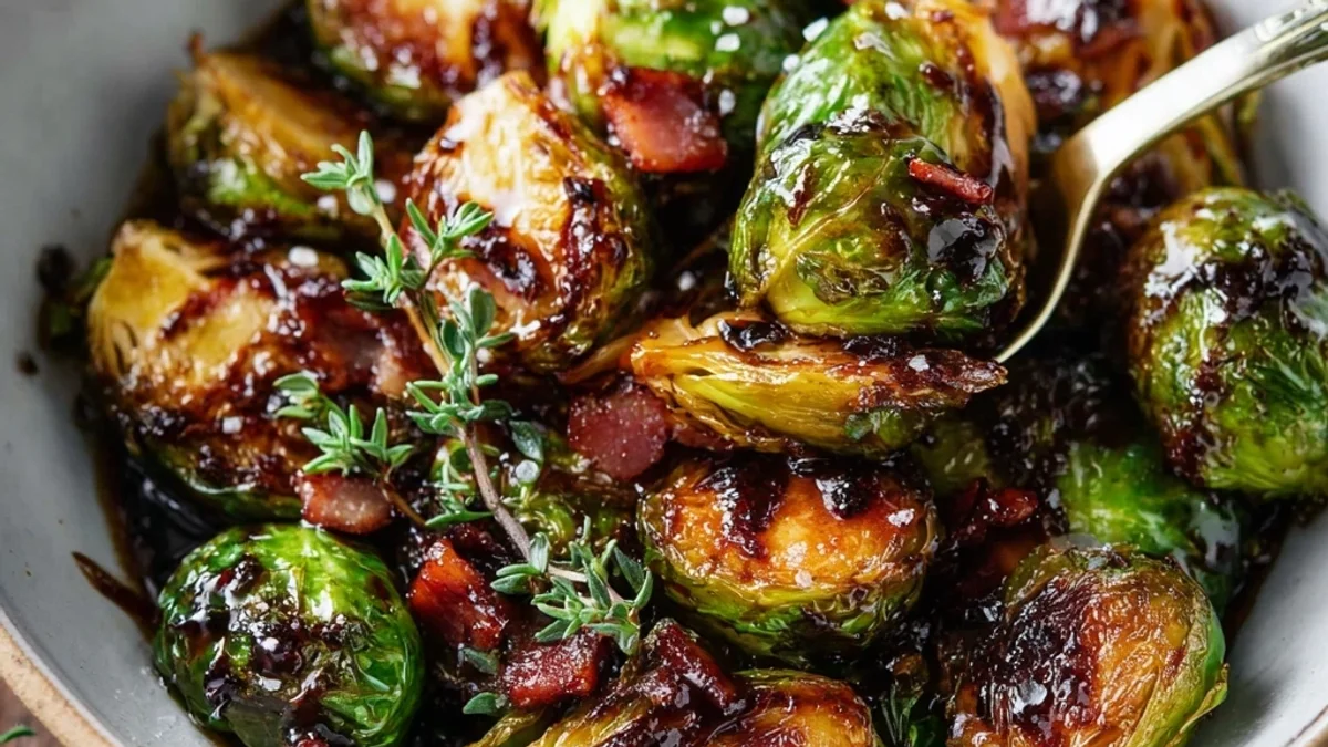 Crispy Roasted Brussels Sprouts with Turkey Ham & Balsamic