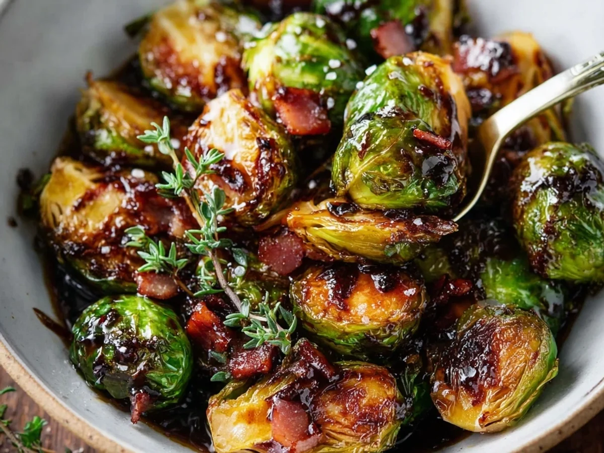 Crispy Roasted Brussels Sprouts with Turkey Ham & Balsamic - Featured Image