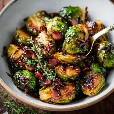 Crispy Roasted Brussels Sprouts with Turkey Ham & Balsamic