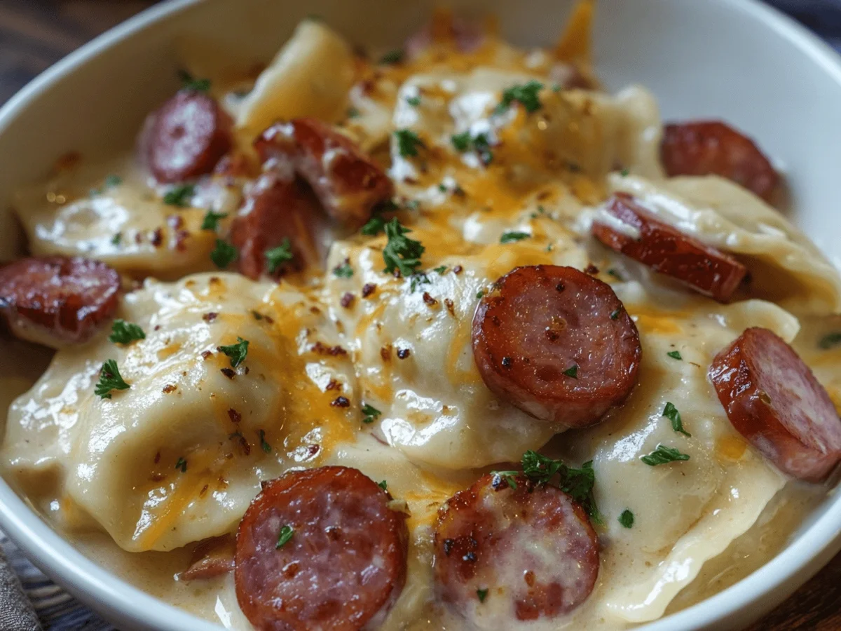 Crockpot Pierogi Casserole with Kielbasa Recipe - Featured Image
