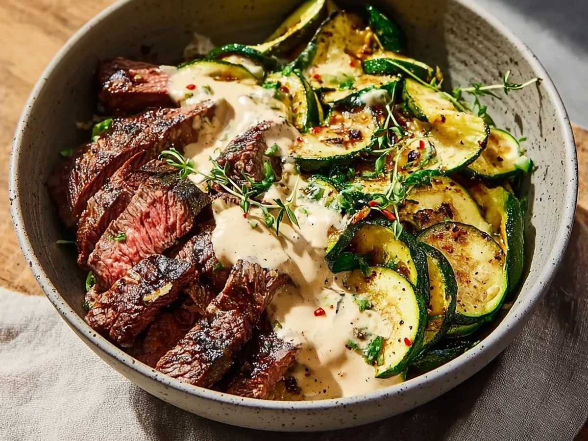 Grilled Steak Bowl with Zucchini & Creamy Sauce - Featured Image