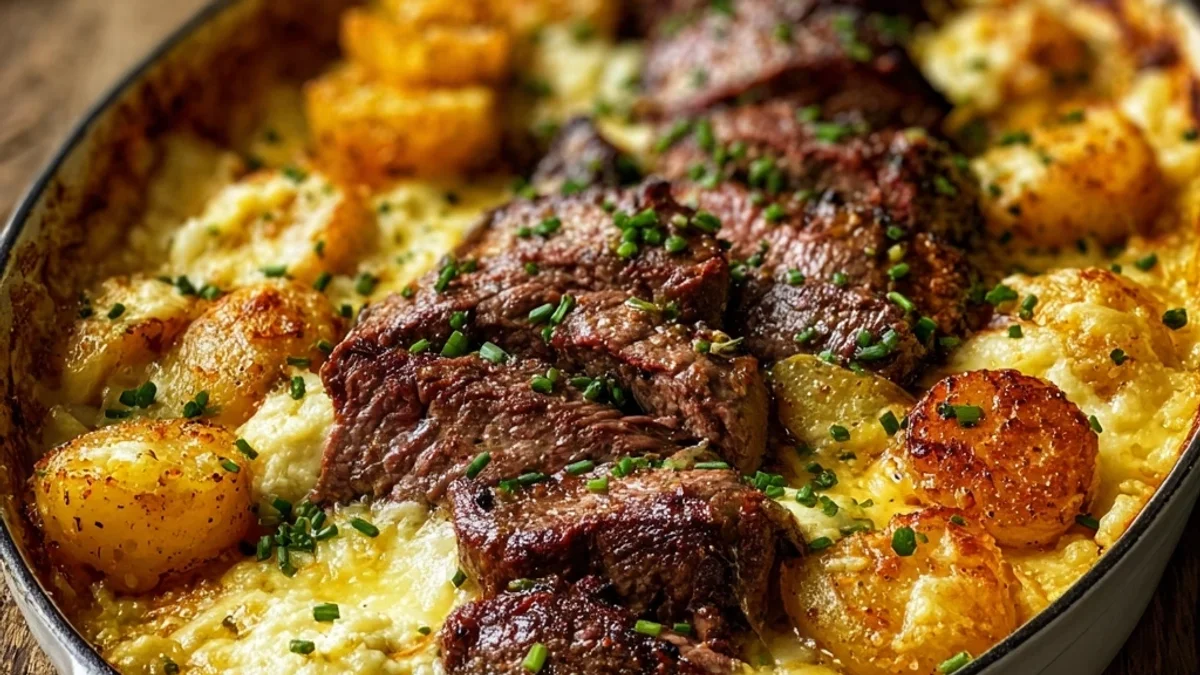 Hearty Garlic Butter Steak Cheddar Potato Bake
