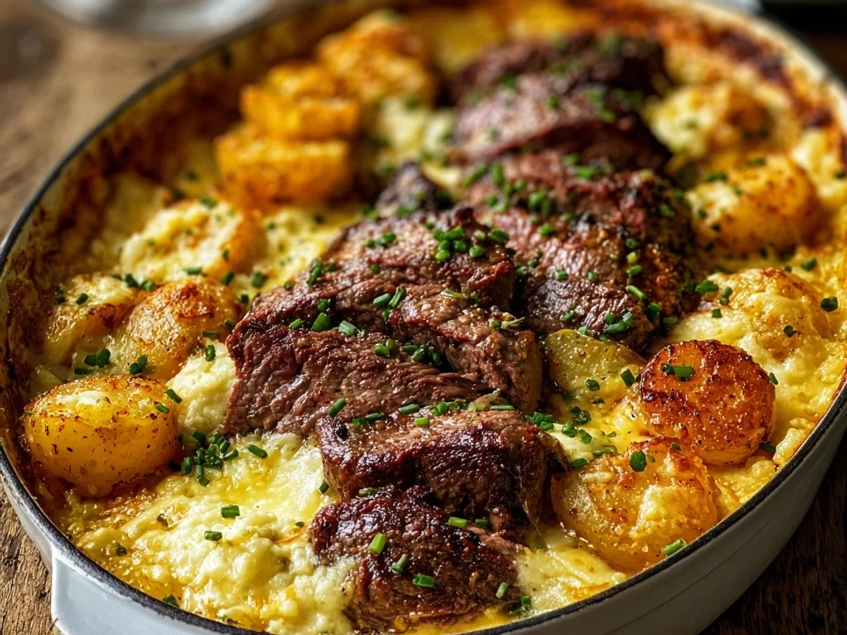 Hearty Garlic Butter Steak Cheddar Potato Bake - Featured Image