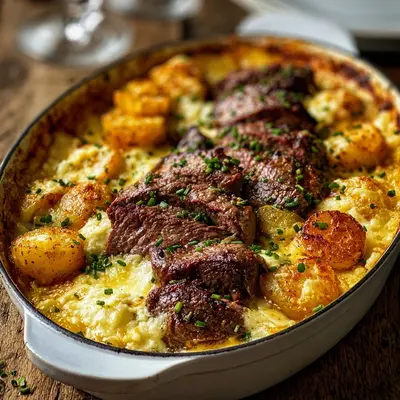 Hearty Garlic Butter Steak Cheddar Potato Bake
