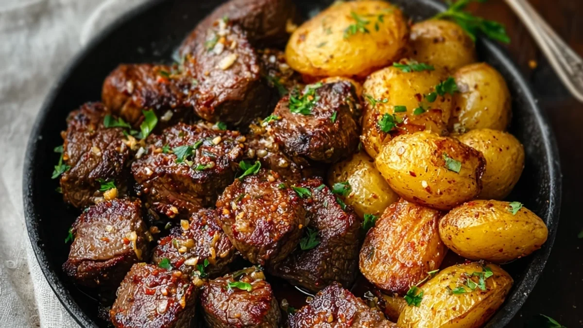 Hearty Garlic Steak Bites and Potatoes Skillet