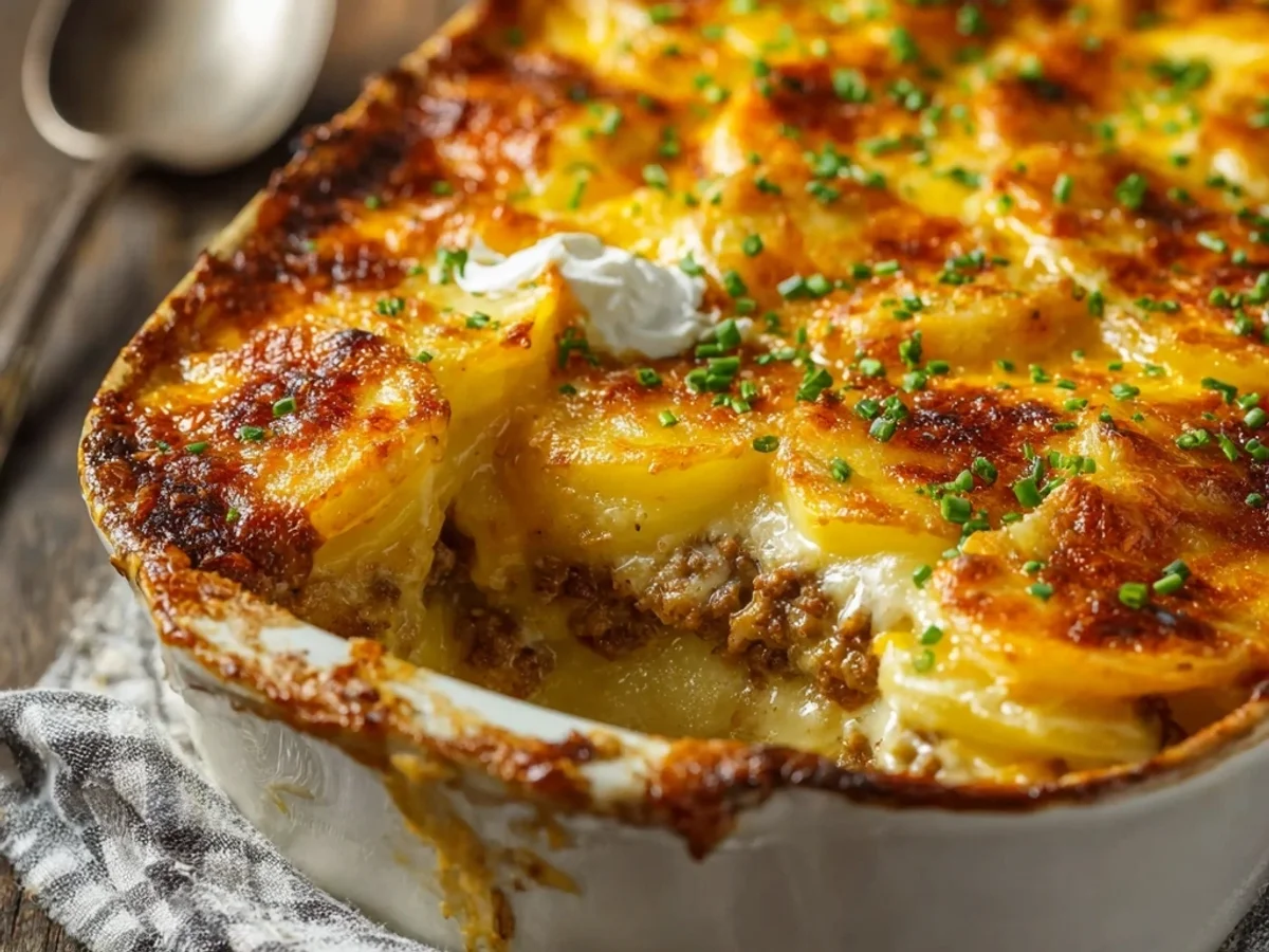 Homestyle Cheesy Hamburger Potato Casserole Bake - Featured Image