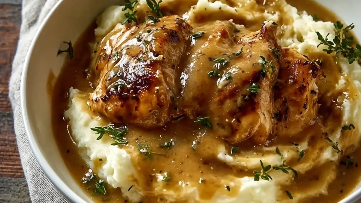 Homestyle Chicken and Garlic Gravy with Cheesy Potatoes