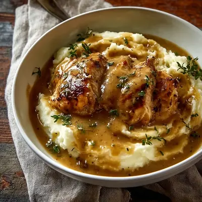 Homestyle Chicken and Garlic Gravy with Cheesy Potatoes