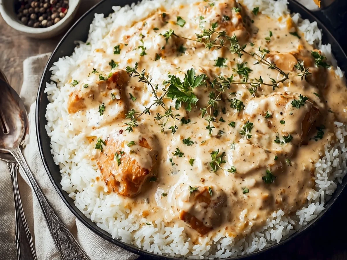 Homestyle Creamy Smothered Chicken and Rice Recipe - Featured Image