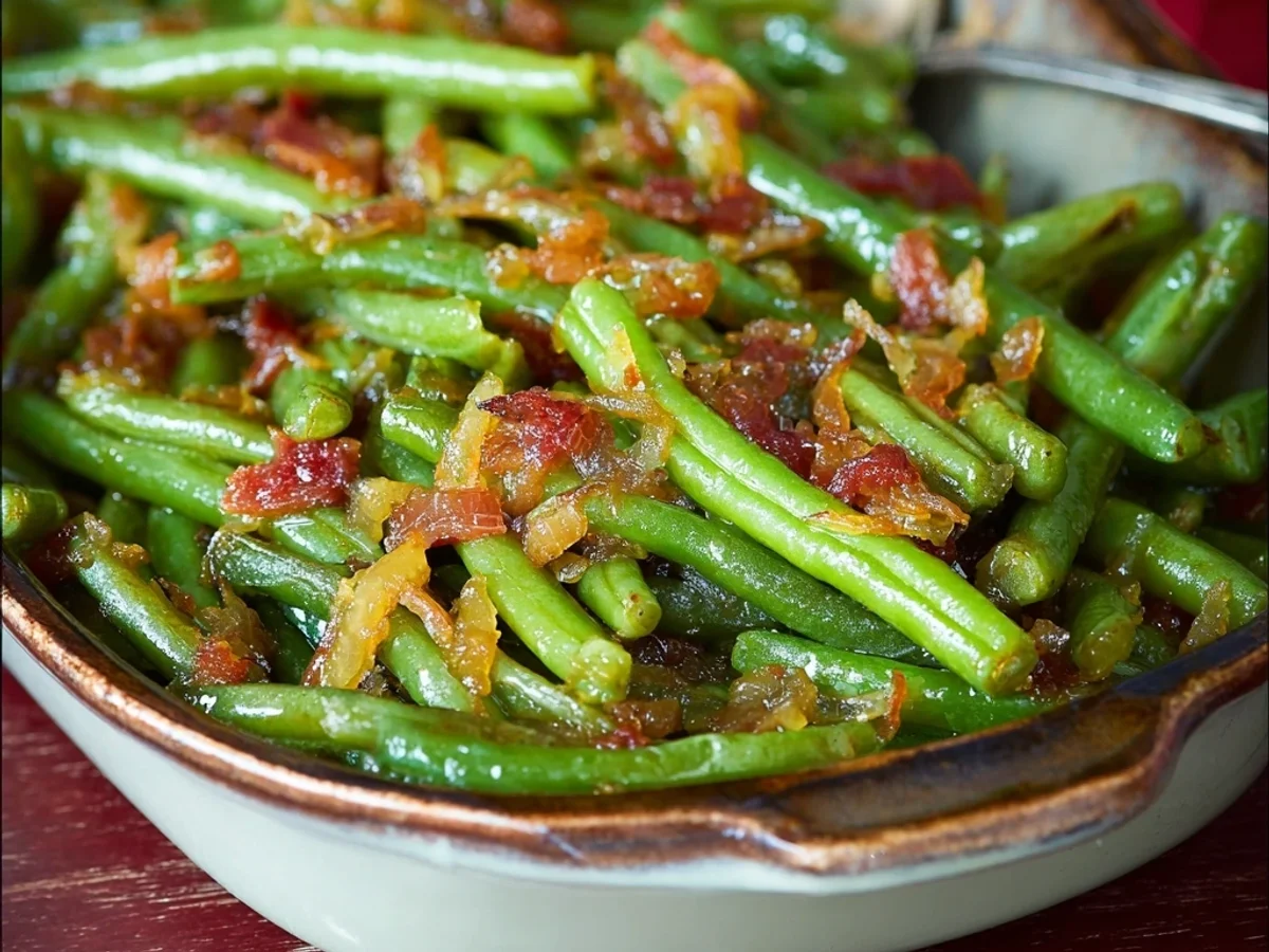 Homestyle Smothered Green Beans Recipe with Bacon - Featured Image