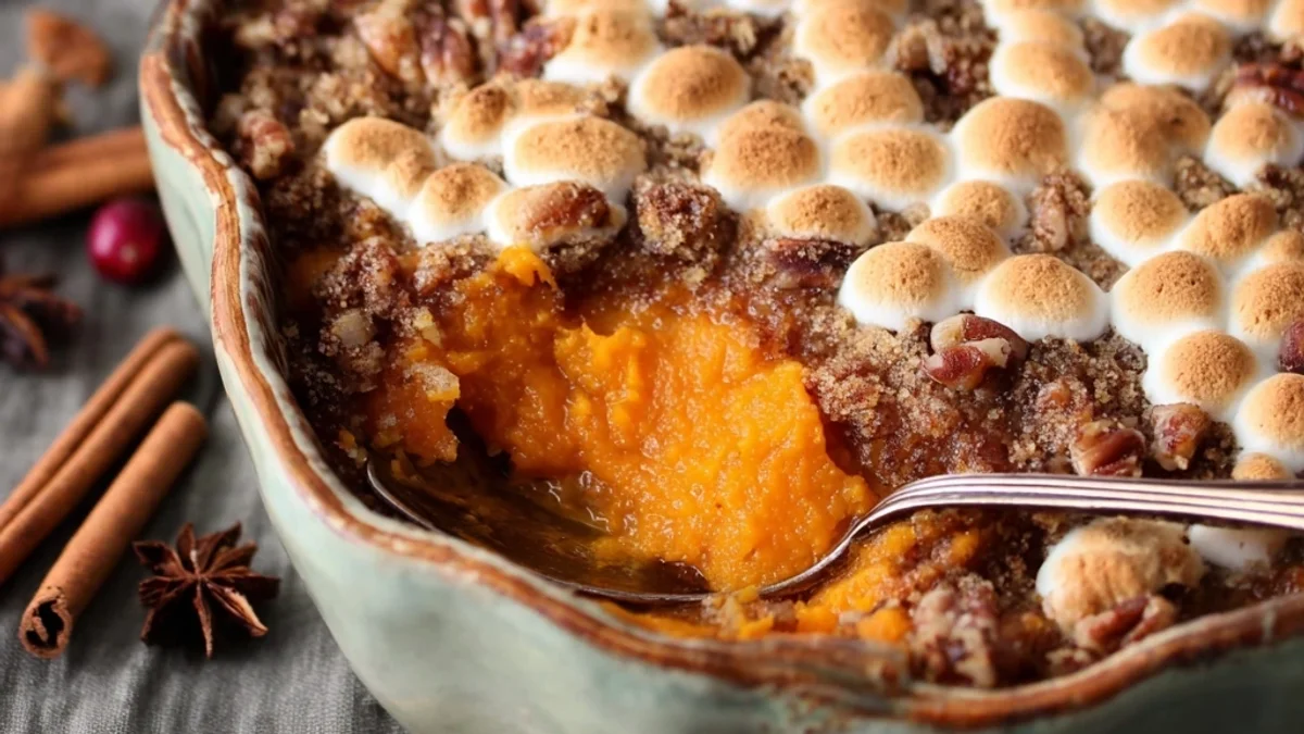 Homestyle Sweet Potato Casserole with Crunchy Pecan Topping