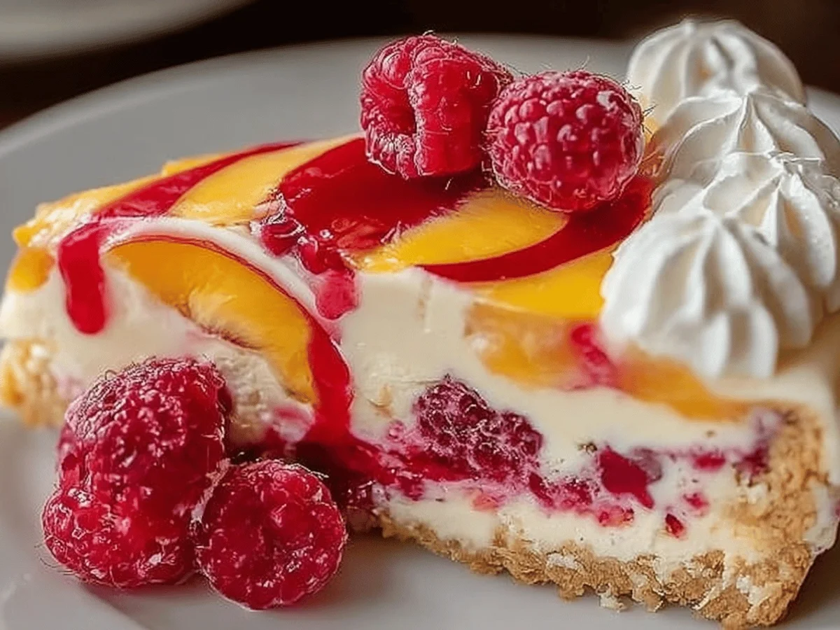 No Bake Peach Raspberry Cheesecake Recipe - Featured Image