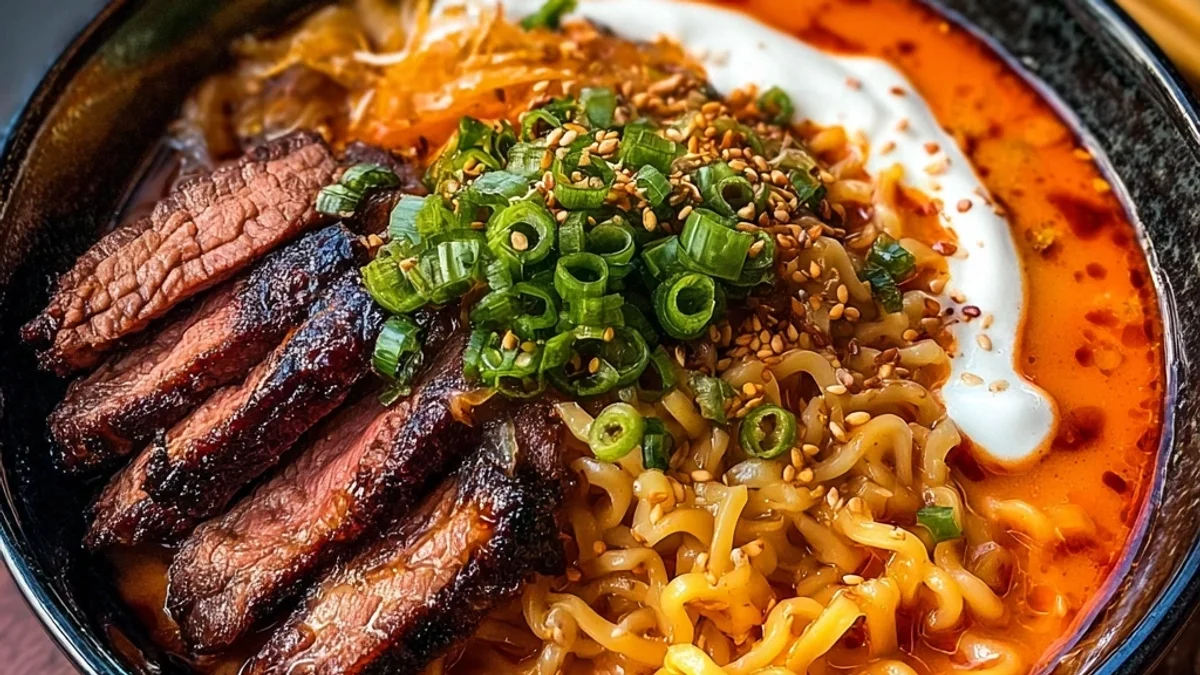 Spicy Korean Ramen with Grilled Beef & Creamy Sauce