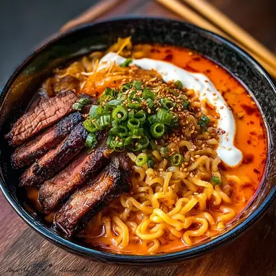 Spicy Korean Ramen with Grilled Beef & Creamy Sauce