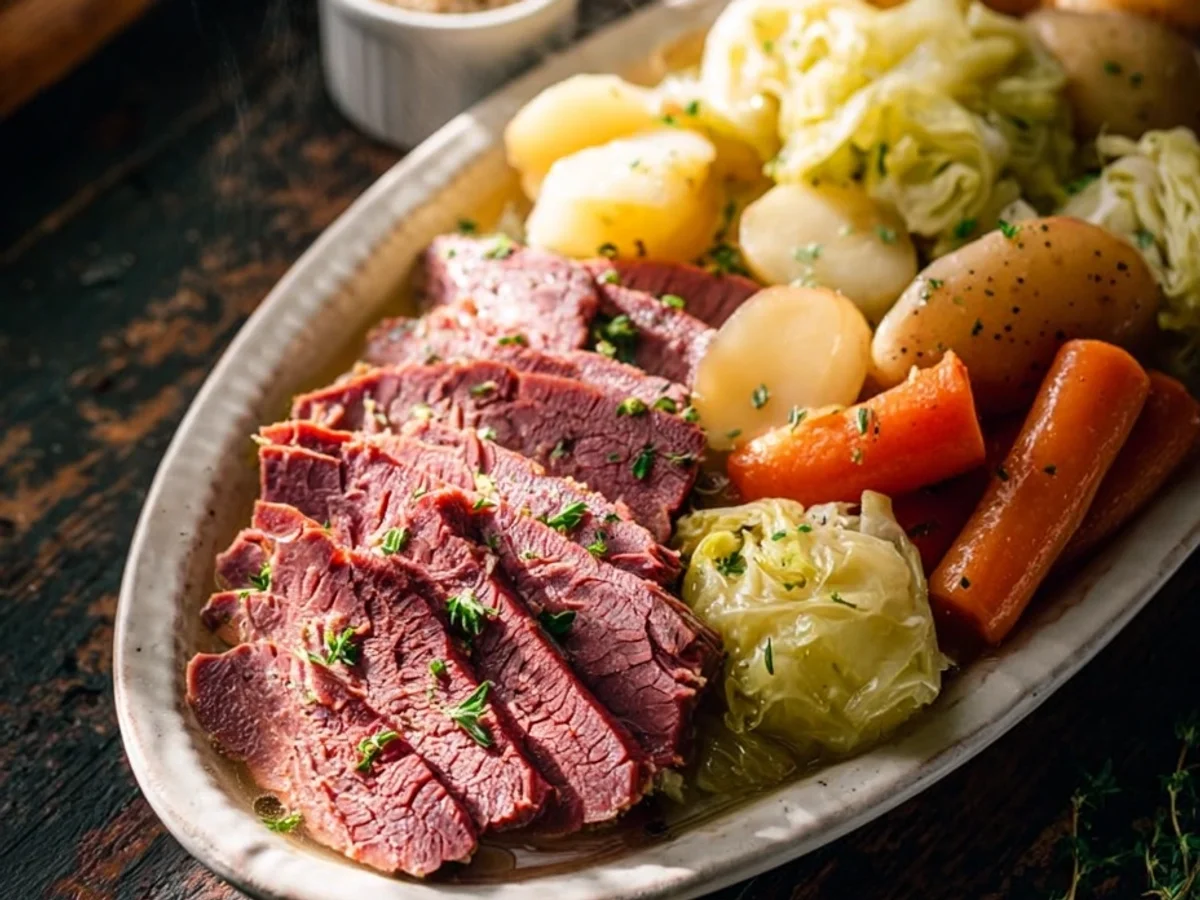 Tender Slow Cooker Corned Beef and Cabbage Recipe - Featured Image
