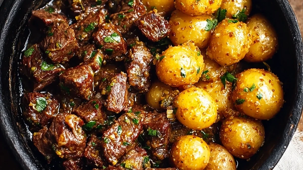 Tender Slow Cooker Garlic Butter Beef Bites & Potatoes