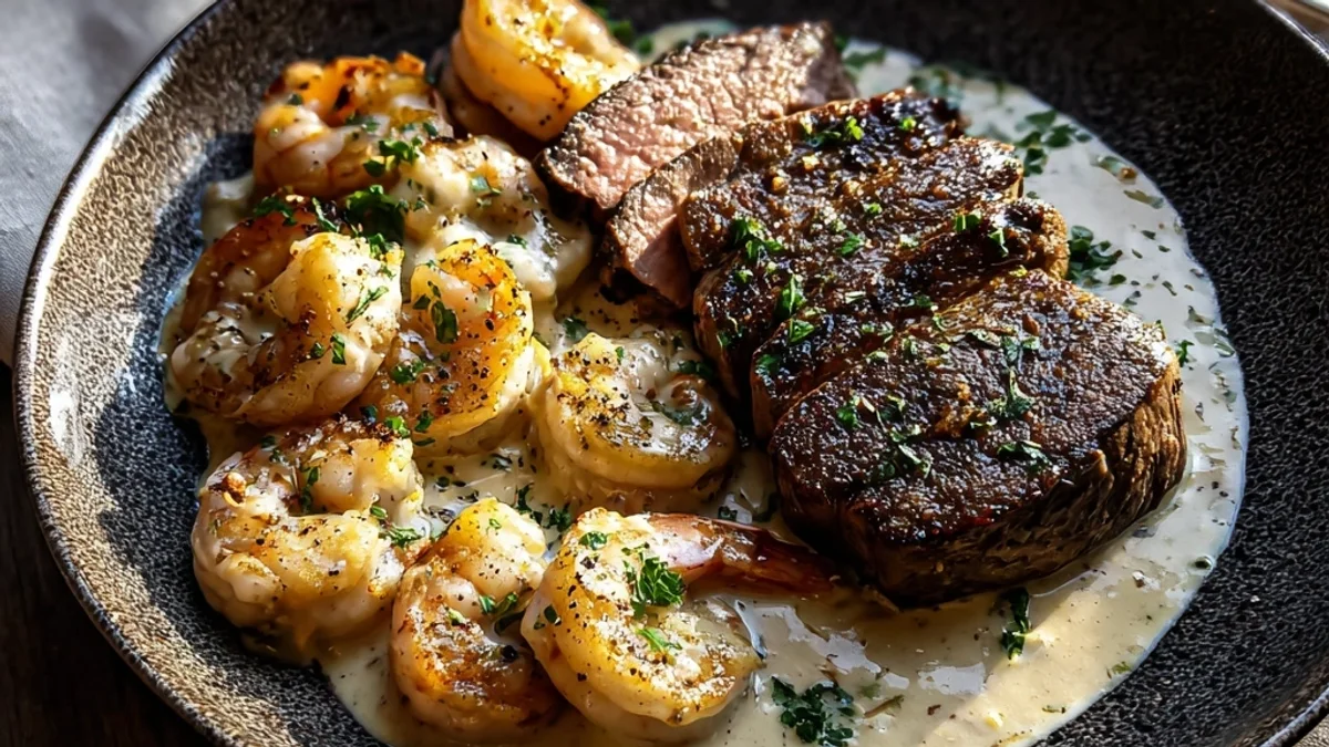 Tender Steak, Creamy Garlic Shrimp Dinner Recipe