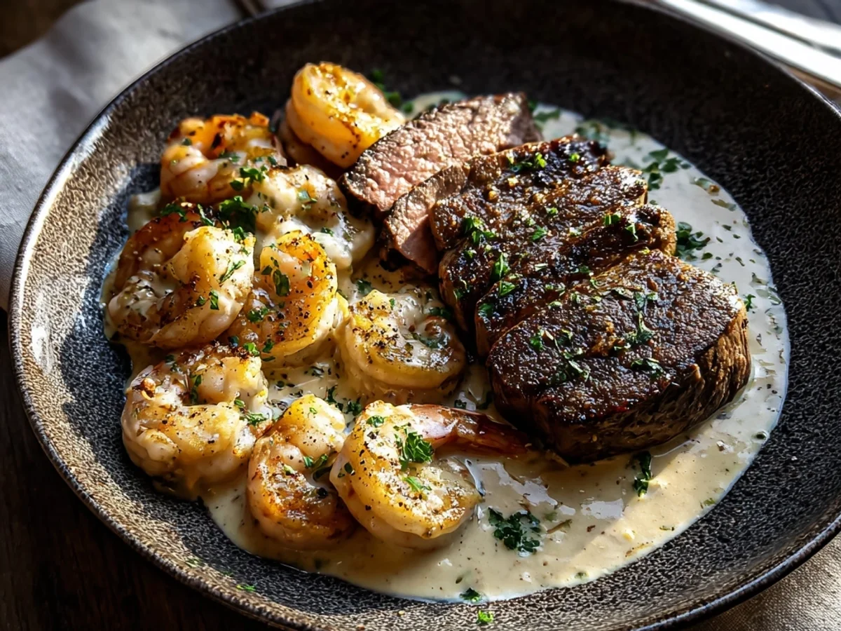 Tender Steak, Creamy Garlic Shrimp Dinner Recipe - Featured Image