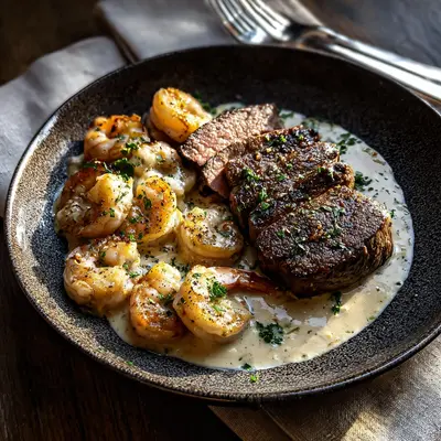 Tender Steak, Creamy Garlic Shrimp Dinner Recipe