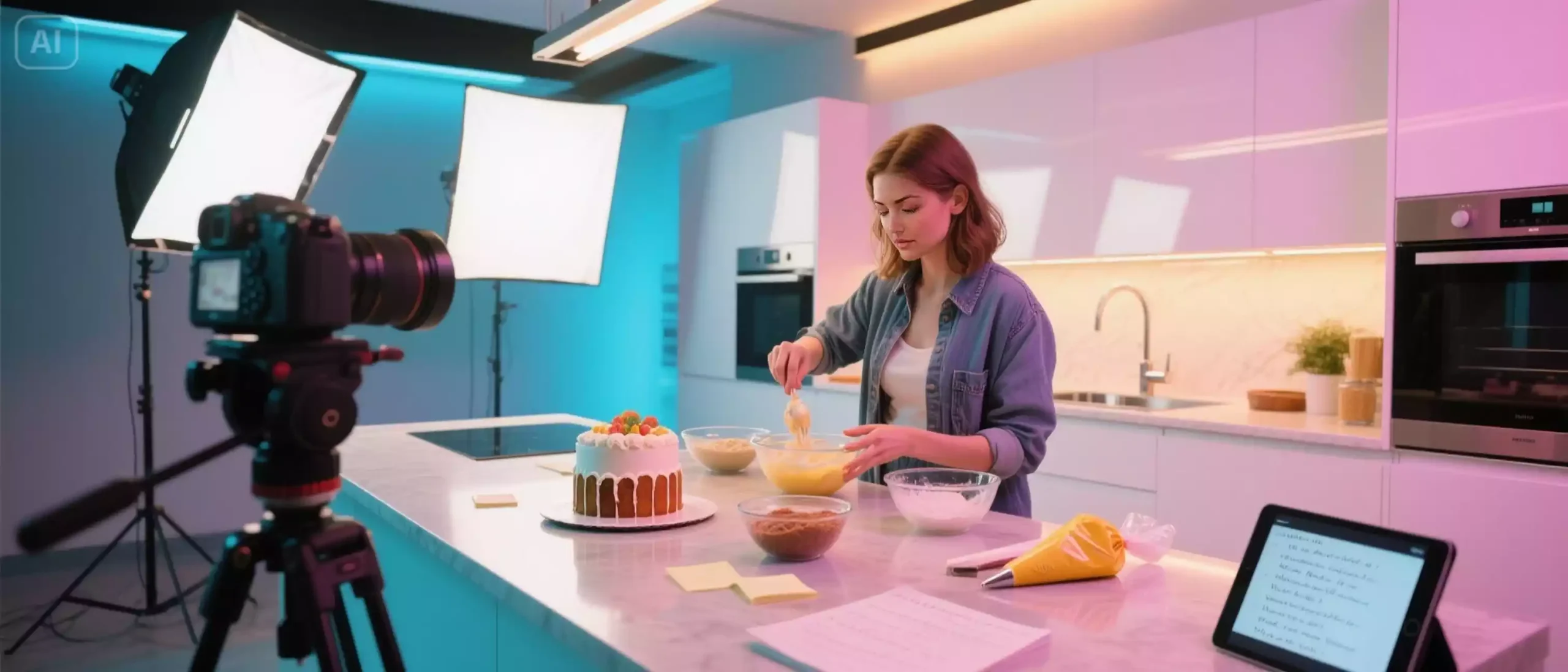 About 2 lena in A bright modern kitchen studio with a camera setup on a tripod and softbox lights illuminat. 2 scaled
